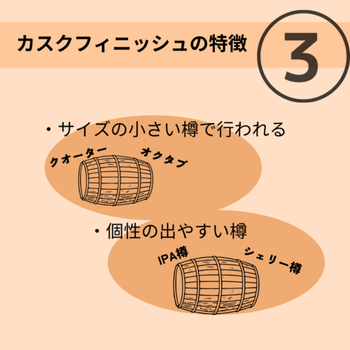 カスクフィニッシュには短期間で個性を付与するため、小さめの樽と個性の出やすい樽が使用されます。